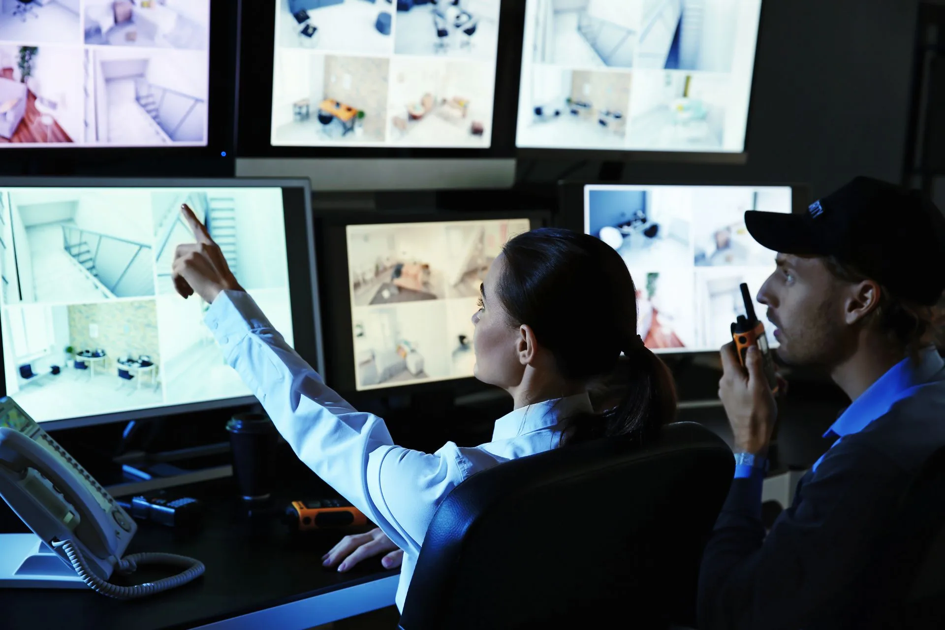 Two security personnel monitor multiple surveillance camera feeds on large screens—a vital service across various industries; one points at a screen while the other holds a walkie-talkie.