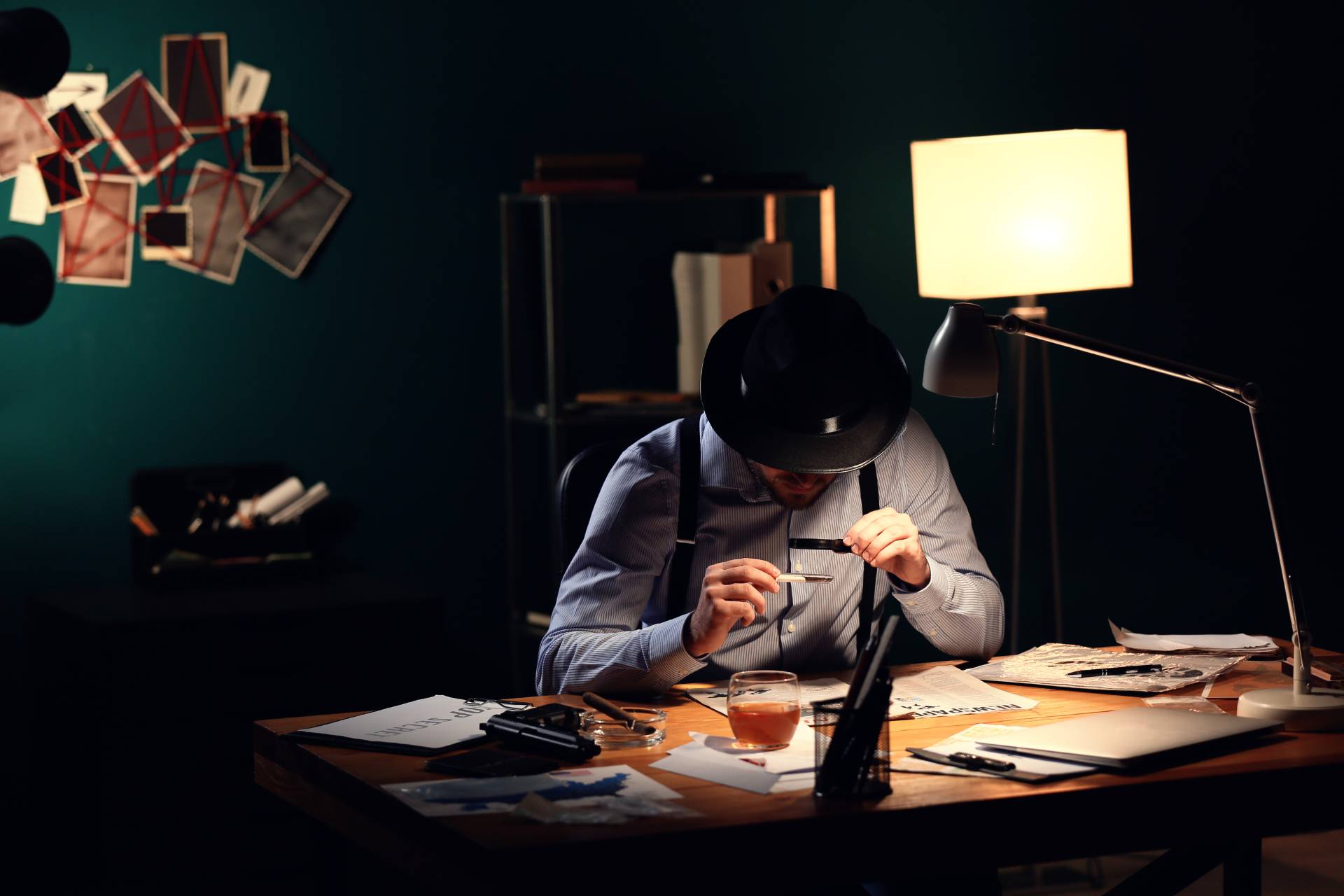 A person in a hat examines a photo with a magnifying glass at a desk cluttered with papers and a drink, under the light of a desk lamp—an intense focus on background screening.
