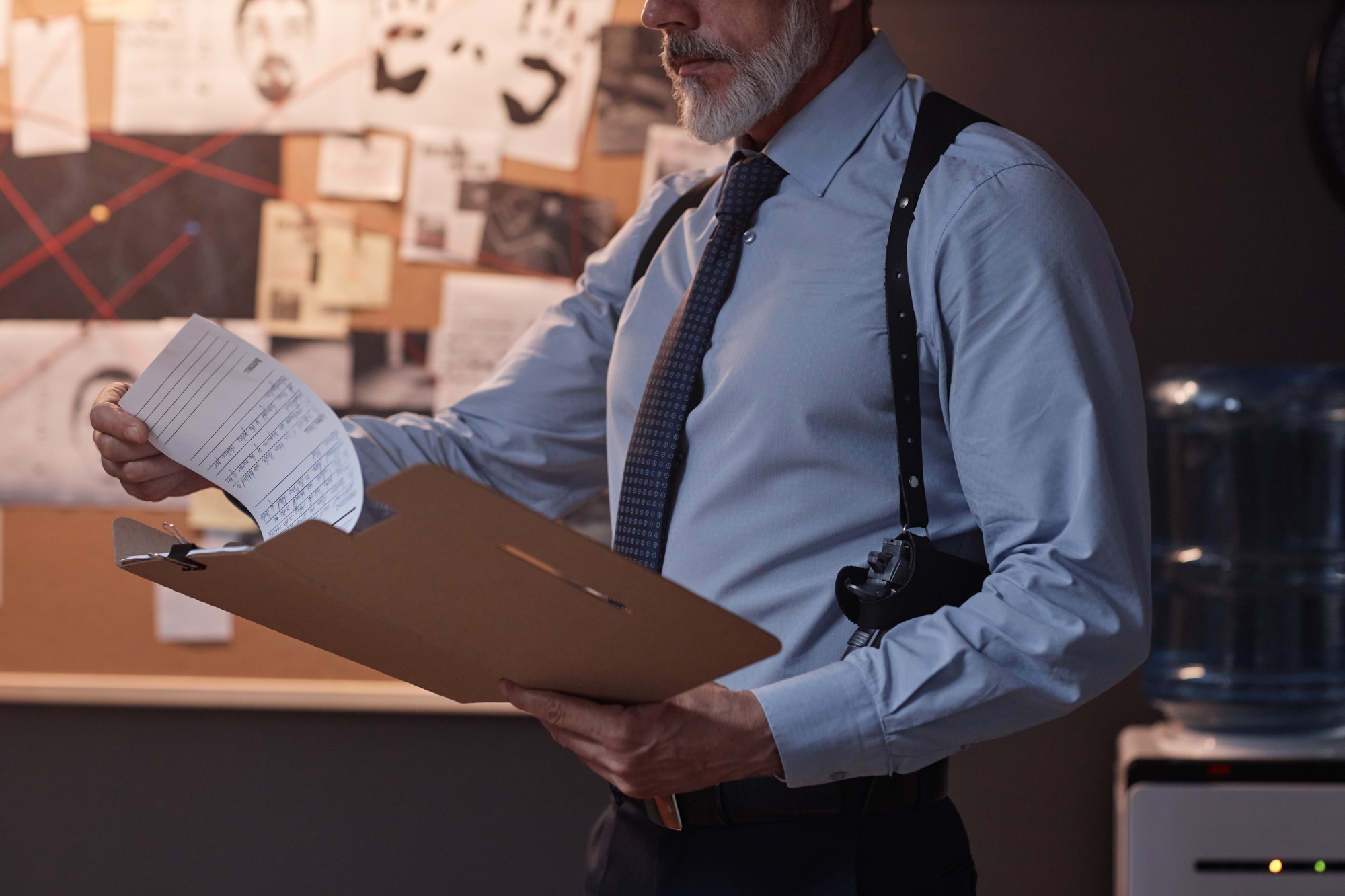 Close up of senior detective reading file in office standing by evidence board