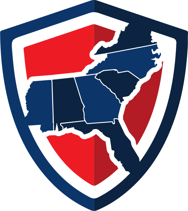 A shield-shaped logo with a red background featuring an outline map of several southeastern U.S. states in dark blue.