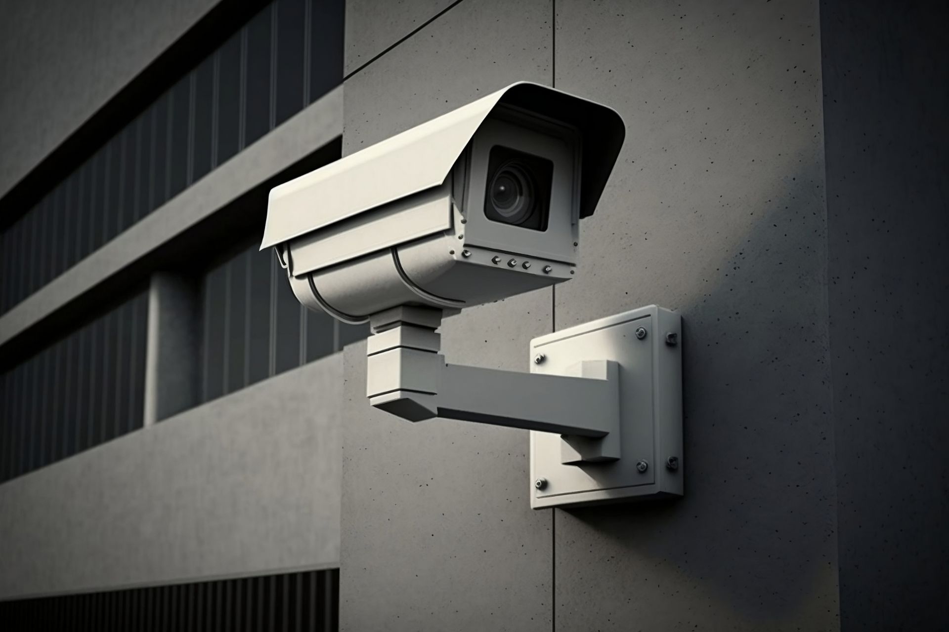 A security camera mounted on the exterior wall of a modern building.
