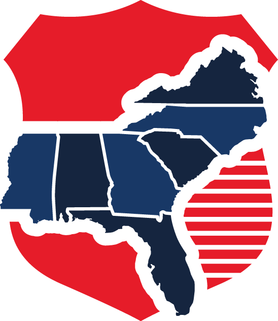 A shield-shaped logo with a red background featuring an outline map of several southeastern U.S. states in dark blue.