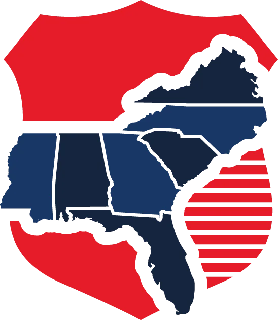 A shield-shaped logo with a red background featuring an outline map of several southeastern U.S. states in dark blue.