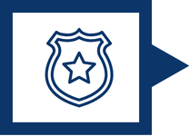A blue outlined police badge with a star in the center, displayed inside a white rectangle with a blue border and a triangular blue shape on the right.