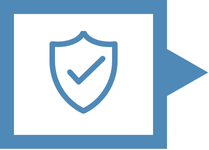 Blue outline of a shield with a checkmark inside, set within a rectangular frame with a right-facing arrow shape extending from the side.