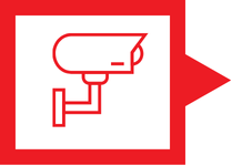 Red outline of a security camera on a white background, centered within a red-bordered rectangle with a red triangular tab on the right side.