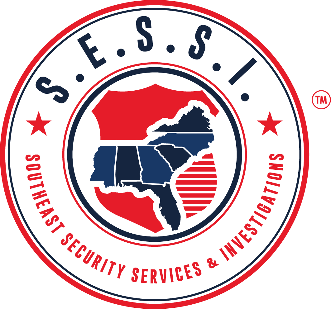 Logo for Southeast Security Services & Investigations featuring a map of the southeastern United States inside a red badge, with text and stars encircling the design.