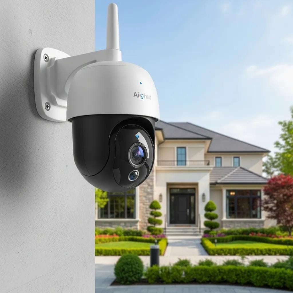 AI-powered surveillance camera monitoring a residential front yard