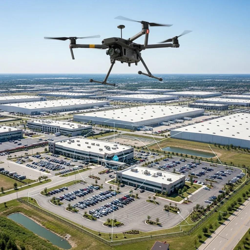 Drone monitoring a large commercial property from above