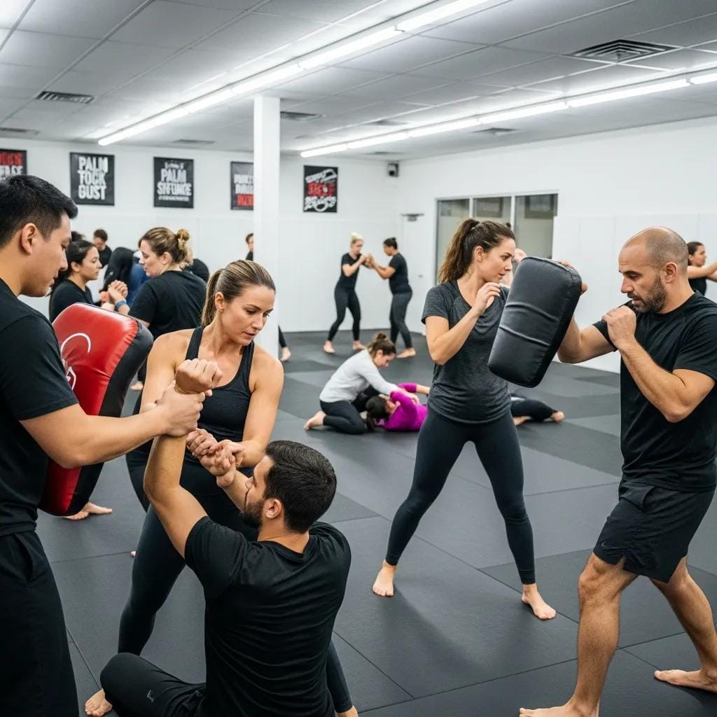 Group practicing essential self-defense techniques in a training environment