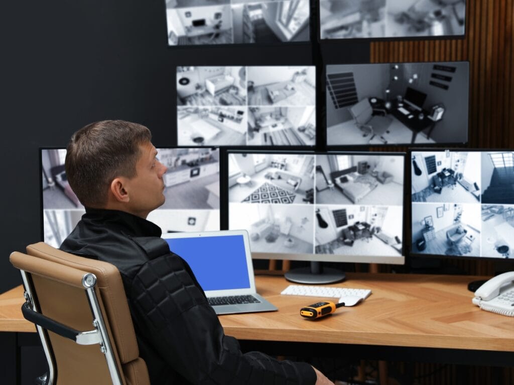A security officer monitors multiple surveillance camera feeds, integrating Smart Home Security technology on several screens at a desk with a laptop and walkie-talkie.