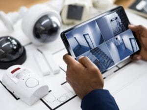 A person holds a tablet displaying four live Smart Home Security camera feeds; several security cameras and blueprints are visible on the desk below.