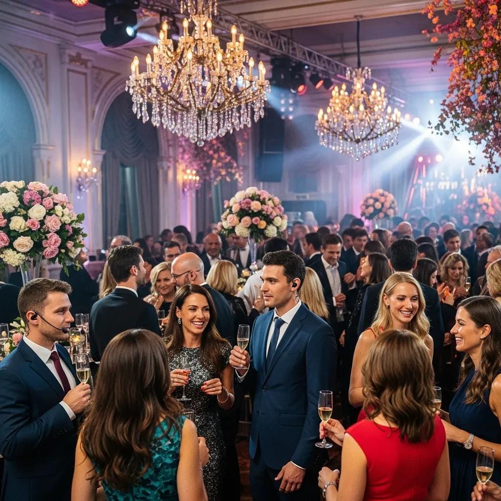 Guests enjoying a luxury event with unobtrusive security personnel monitoring the surroundings