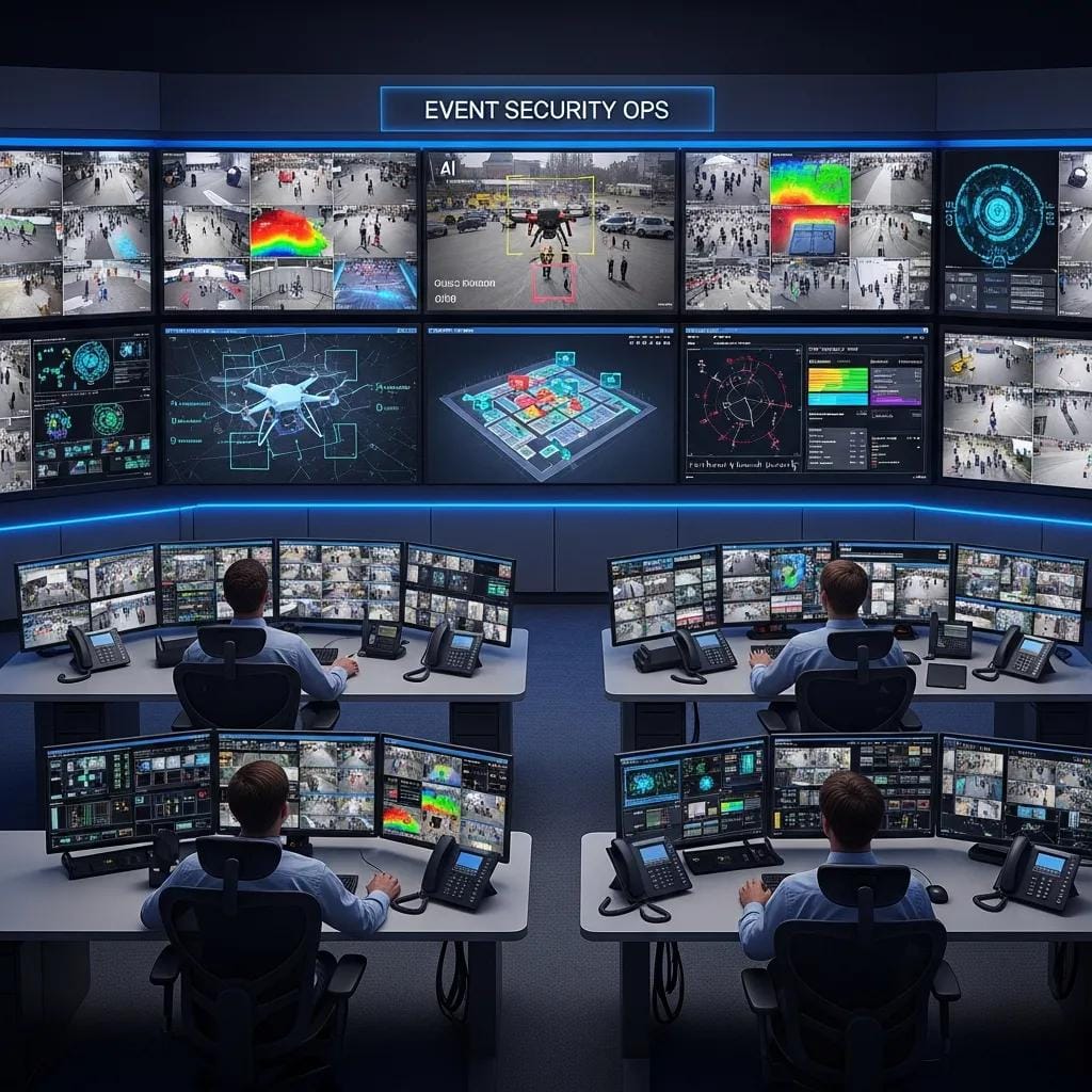 High-tech security control room with AI surveillance and drone monitoring for event security