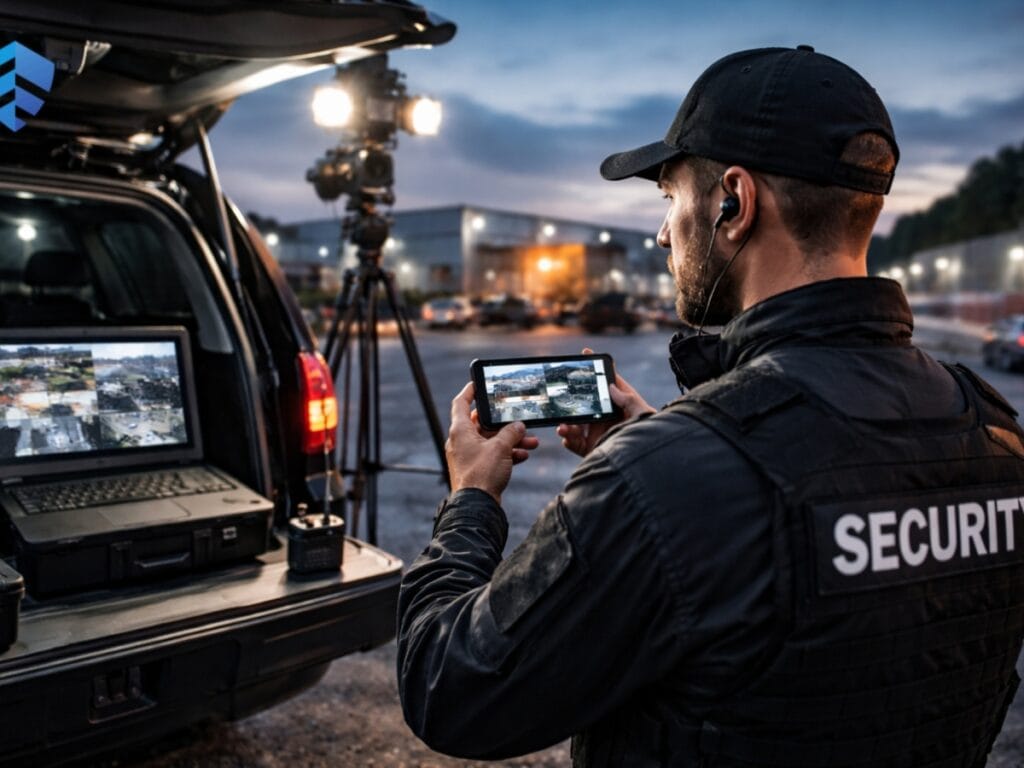 A security officer monitors live surveillance footage on a smartphone and laptop beside an SUV equipped with cameras, ensuring the safety of private parties in an industrial area at dusk.