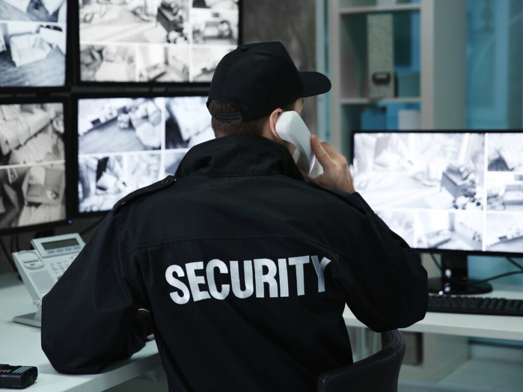 A security guard wearing a uniform and cap is talking on the phone while monitoring multiple surveillance cameras in a control room, ensuring the safety of private parties and events.