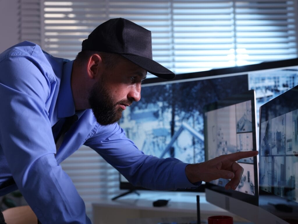 A man wearing a cap and blue shirt points at a security monitor displaying surveillance footage in an office, demonstrating retail loss prevention measures.