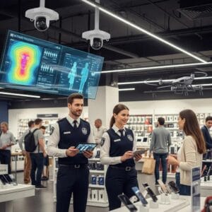 Retail security guards monitoring a store with advanced technology for loss prevention