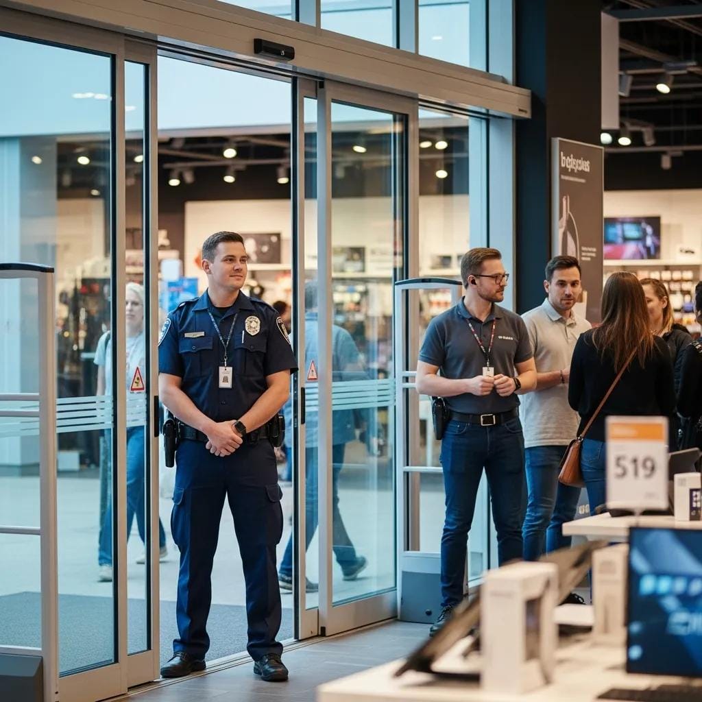 Uniformed and plainclothes security guards working together in a retail environment
