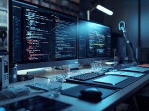 A modern workspace with multiple monitors displaying code, ideal for exploring Digital Forensics Basics, alongside a keyboard, tablet, notepad, and various office supplies on a tidy desk in a dimly lit room.