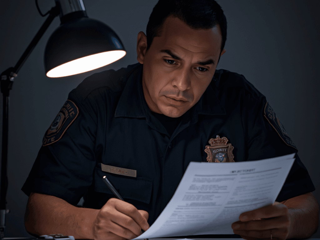 A police officer sits at a desk under a lamp, focused on report writing as they review and complete important paperwork.