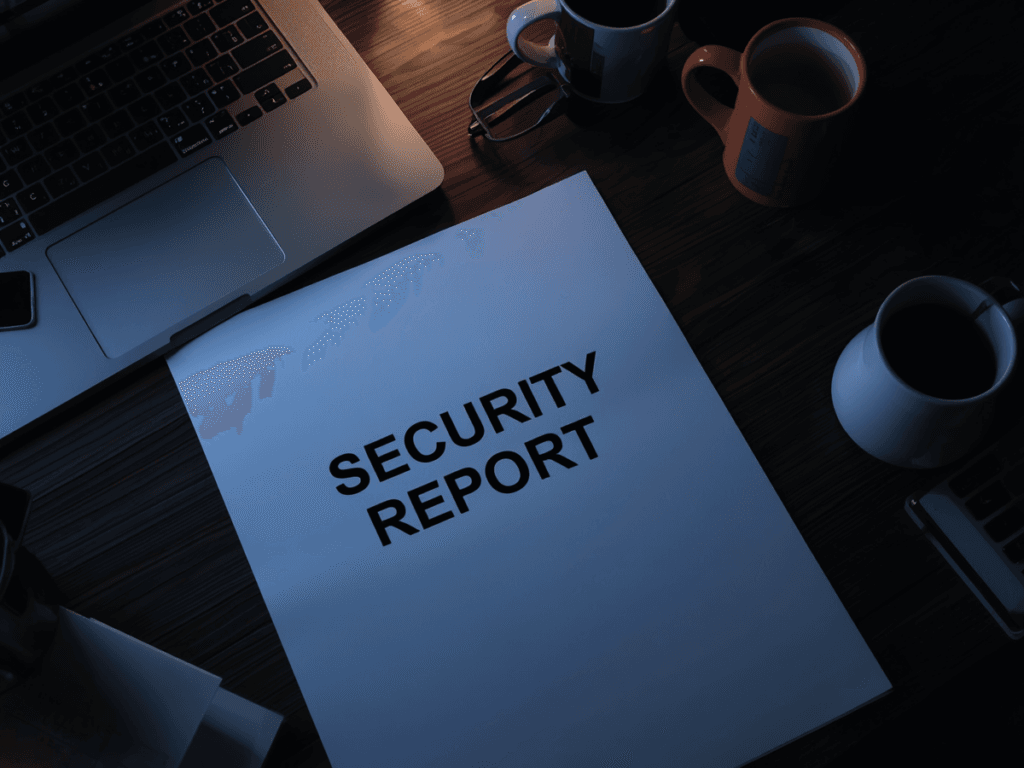 A printed document titled "SECURITY REPORT," showcasing expert Report Writing, is placed on a desk with a laptop and several coffee mugs nearby.