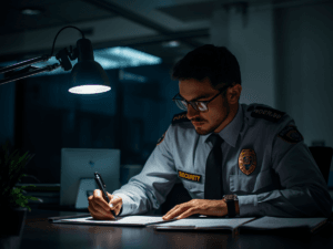 A security guard in uniform sits at a desk under a lamp, focused on report writing in a notebook within a dimly lit office.
