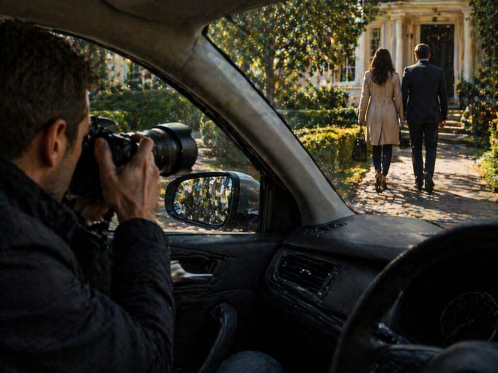 A person with a camera takes photos from inside a car, capturing a man and woman—suspected of infidelity—as they walk toward a house in daylight.