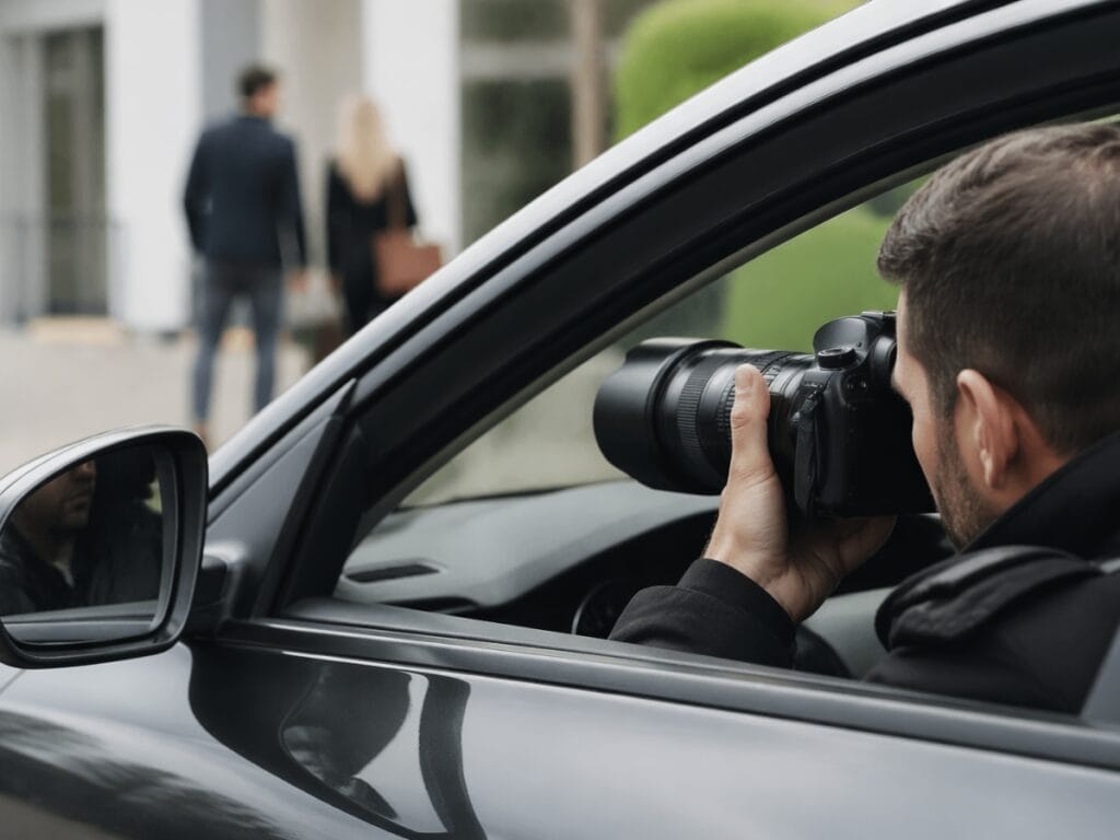 A man sits in a car, using a camera with a telephoto lens to photograph a couple walking away in the distance, capturing possible evidence of infidelity.