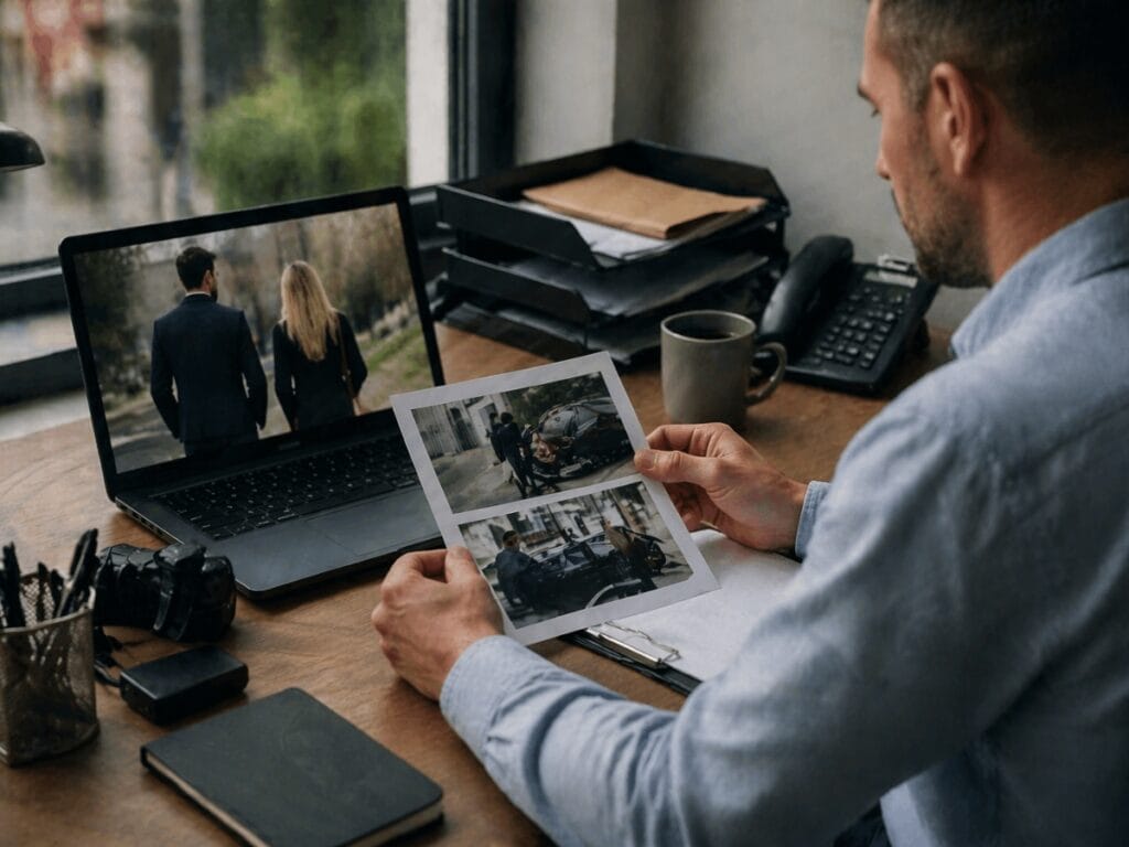 A man sits at a desk reviewing printed surveillance photos related to infidelity, with a laptop in front of him displaying an image of two people walking away.