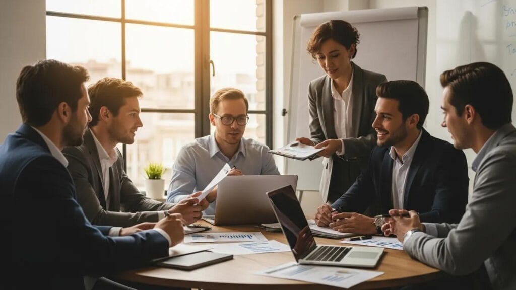 Business professionals discussing corporate fraud detection strategies in a modern office setting