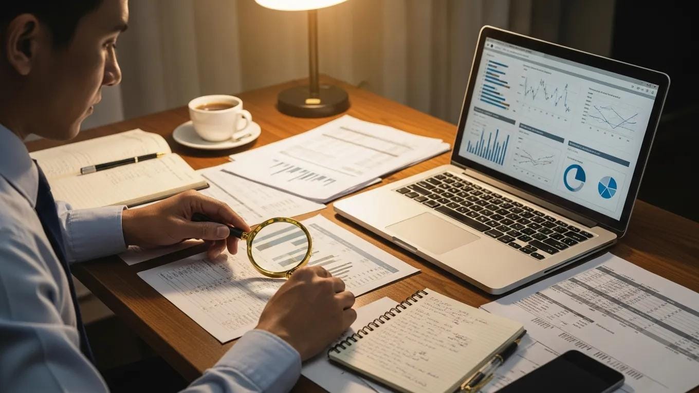 Forensic accountant analyzing financial documents to uncover embezzlement