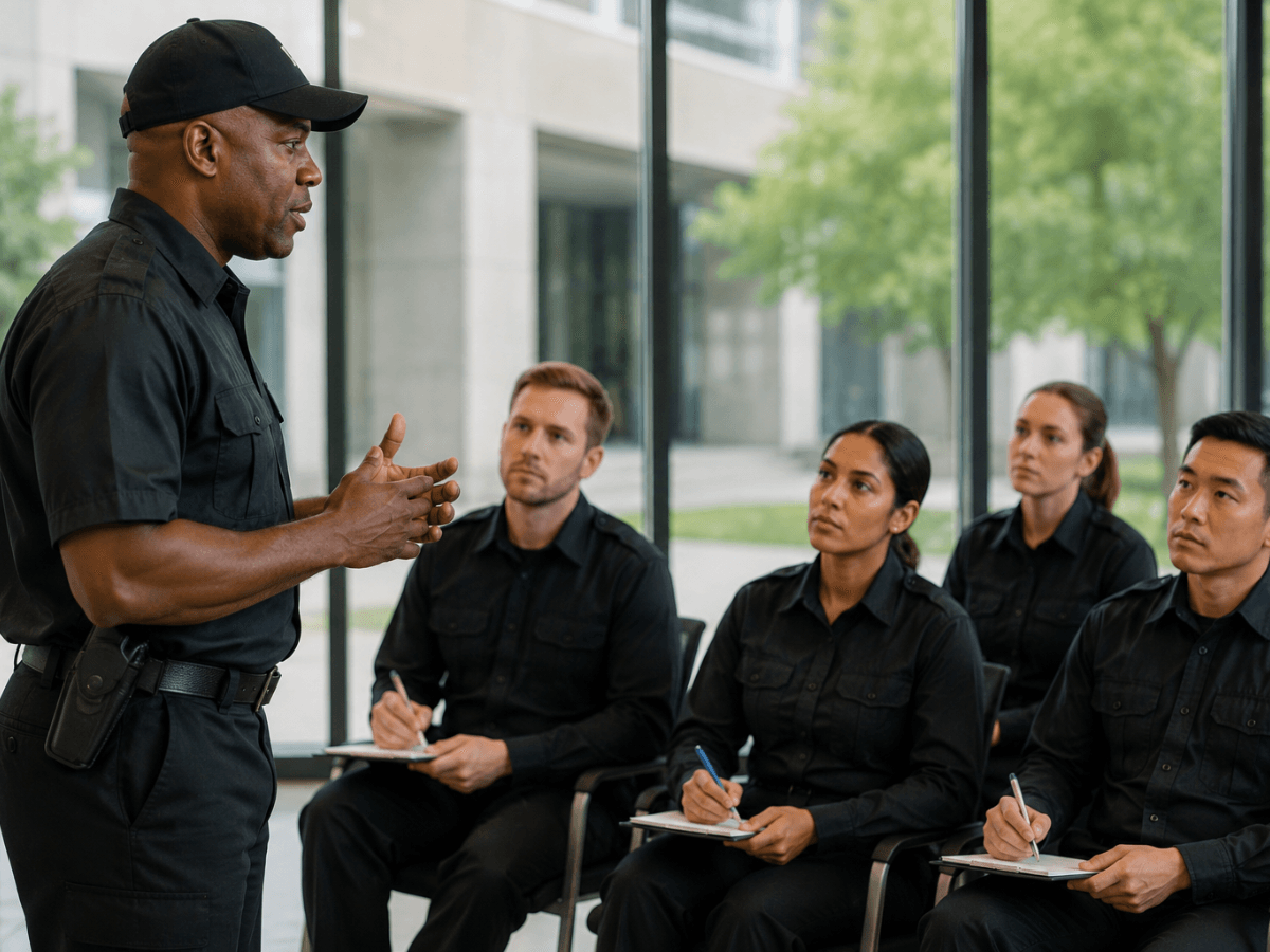 A man in a black uniform discusses security customer service with four attentive colleagues, all in black uniforms, who take notes in a modern, glass-walled room.