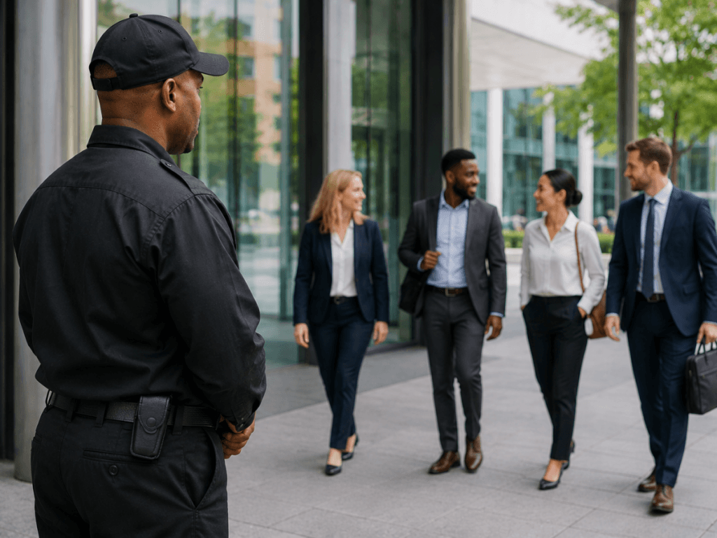 A security guard providing customer service stands outside a modern office building as four business professionals walk and converse on the sidewalk.