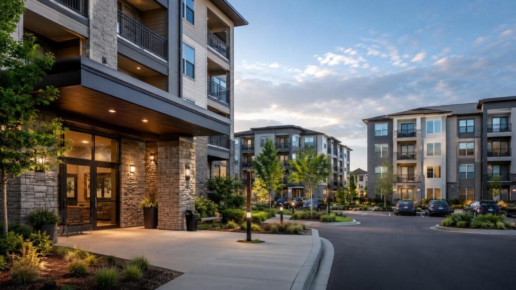 Modern apartment complex with multi-story buildings, landscaped greenery, parked cars, and a wide driveway at sunset. Security Services Atlanta helps ensure residents’ safety, with the entrance to one building visible in the foreground.