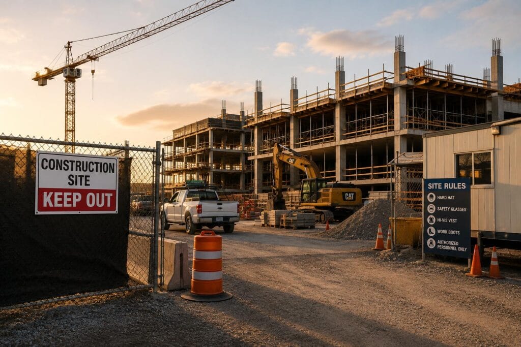A construction site with unfinished buildings, a crane, construction vehicles, and an Atlanta Security "Keep Out" sign on the fence at the entrance.