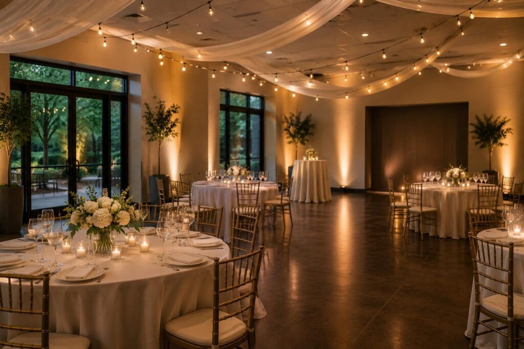 Elegant event space with round tables set for dinner, gold chairs, white floral centerpieces, string lights, and soft ambient lighting. Large windows overlook greenery outside. Professional Security Services Atlanta ensure your celebration remains safe and seamless.