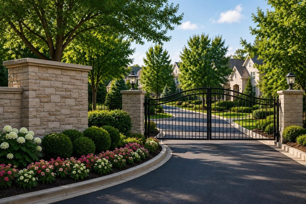 A gated driveway leads to a large house in Atlanta, surrounded by landscaped gardens, trimmed hedges, and flowering plants on a sunny day, reflecting the peace of mind offered by professional Security Services Atlanta.