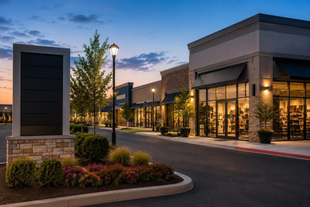A modern shopping center at dusk with large glass storefronts, an empty parking lot, landscaped sidewalk, and an empty sign in the foreground—ideal for businesses seeking top-tier Security Services Atlanta.