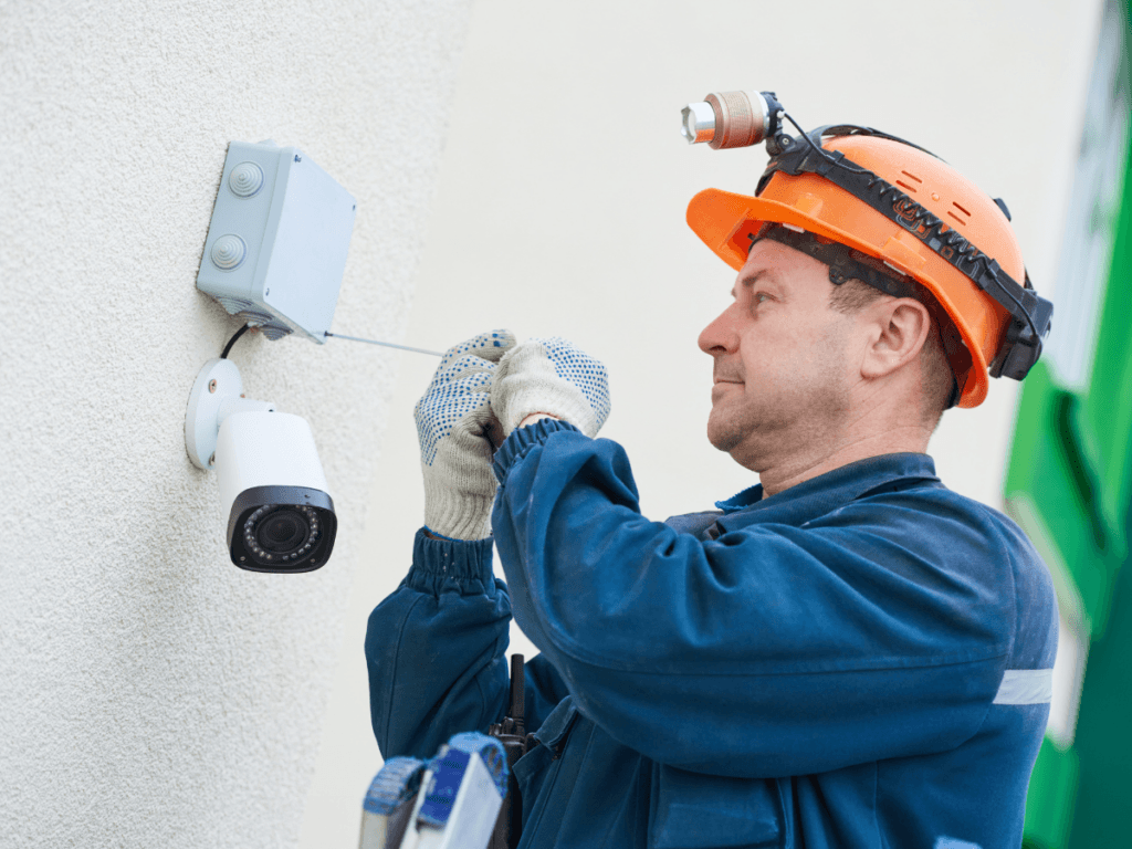 A worker in a hard hat and gloves installs a security camera and electrical box on an exterior wall using a screwdriver, following expert Security System Tips to boost vacation home security during summer travel.