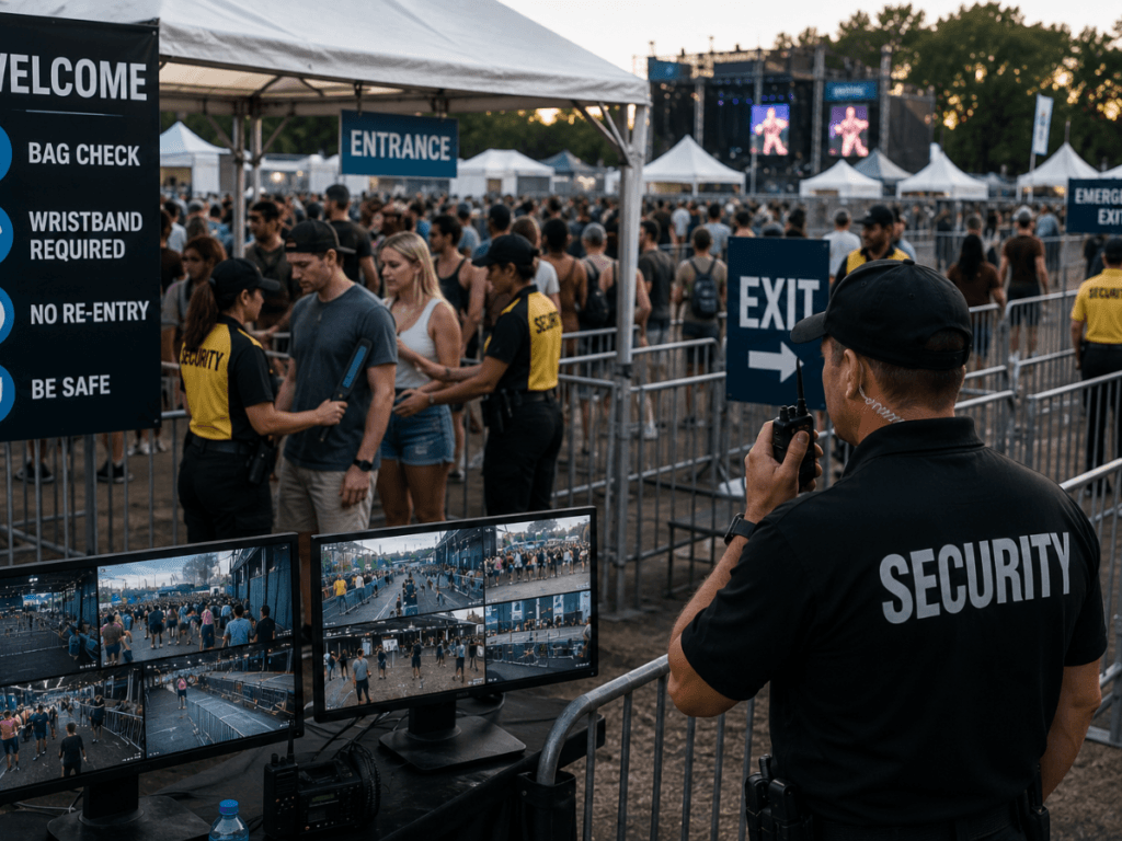Security staff monitor a music festival crowd, checking people at entrances. Dedicated concert security personnel ensure safety as a security guard watches surveillance screens with live views of the event area. Signs outline event entry rules.