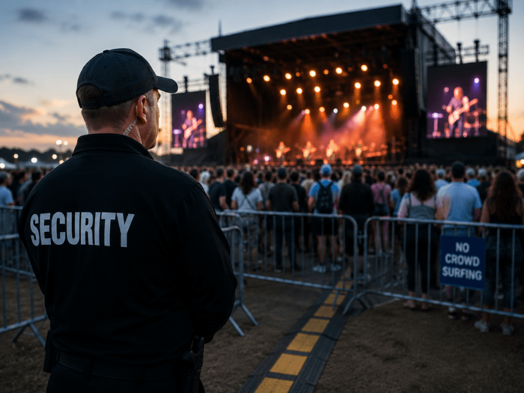 A concert security guard stands near a barrier, carefully watching a crowd at an outdoor concert with a lit stage in the background. A "No Crowd Surfing" sign is visible on the fence.