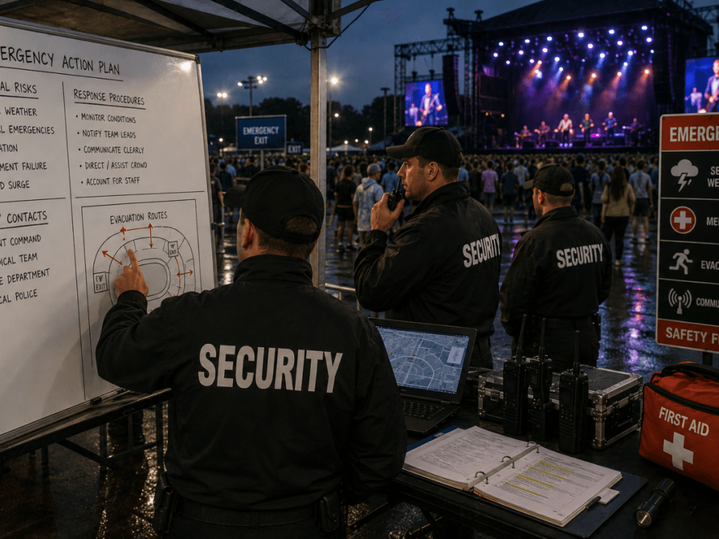 Three concert security personnel review an emergency action plan at an outdoor concert, with radios and documents on a table and a lit stage visible in the background.