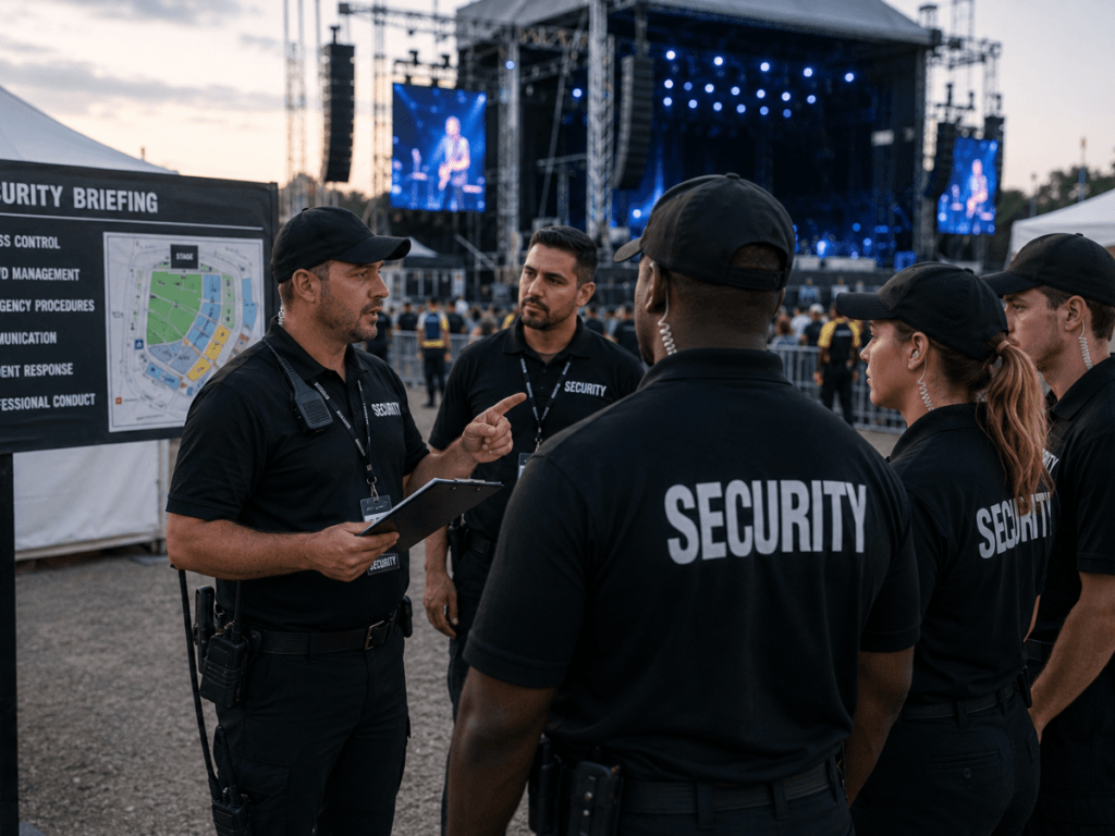 A group of concert security staff stands near a security briefing board at an outdoor concert venue, listening attentively to a supervisor holding a clipboard.
