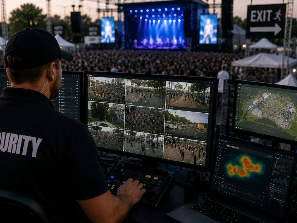 A concert security guard monitors multiple surveillance screens at a crowded outdoor concert, with a stage and audience visible in the background.