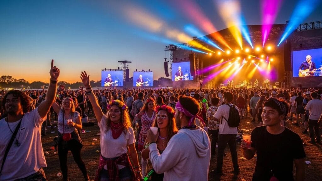 Crowd enjoying a music festival with vibrant lights and a lively atmosphere