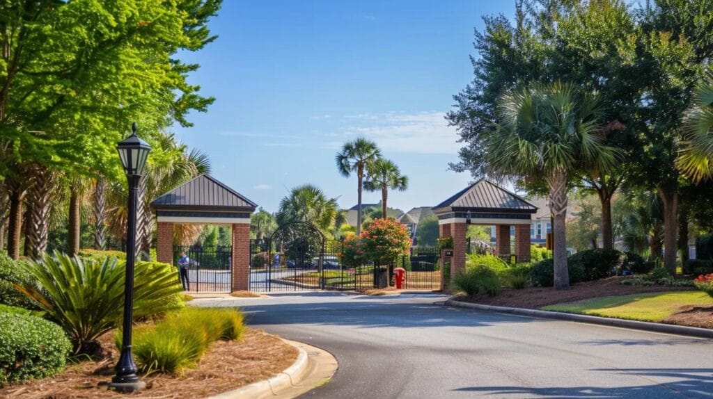 Gated community entrance in Georgia with security personnel and lush landscaping