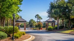 Gated community entrance in Georgia with security personnel and lush landscaping