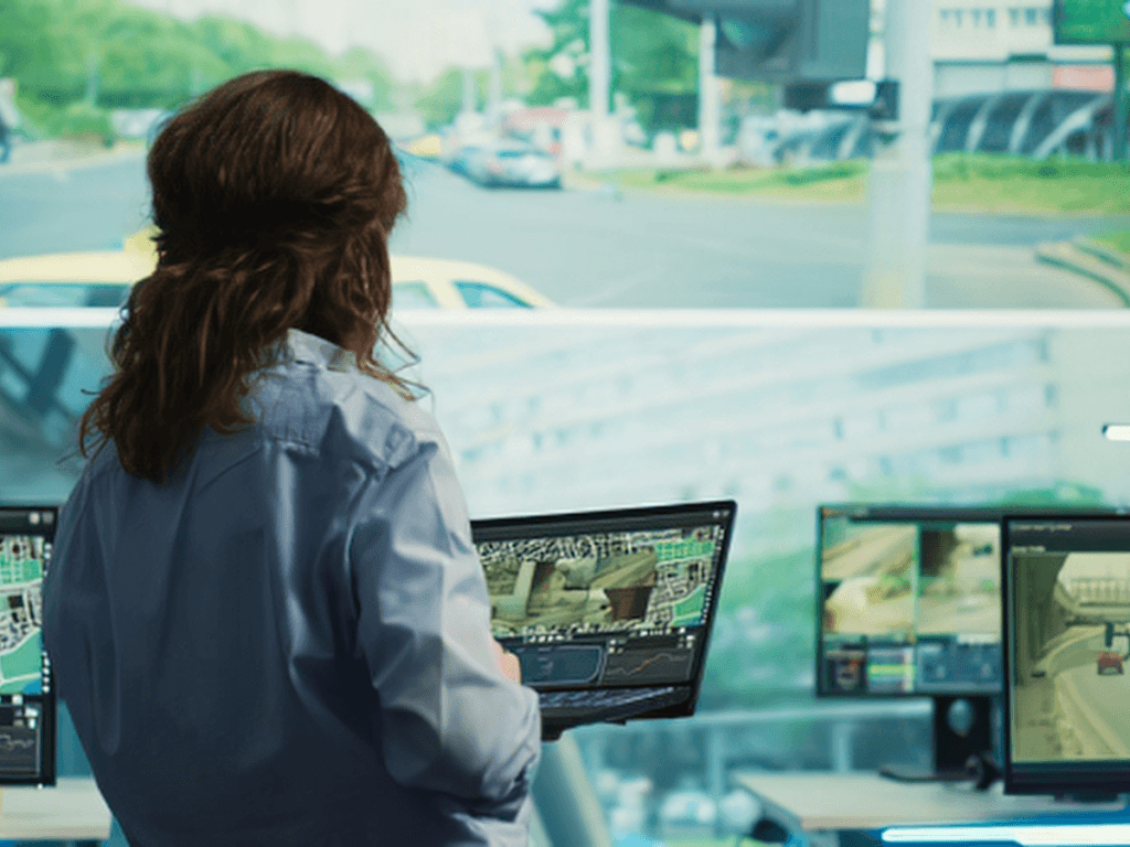 A person is viewing multiple surveillance monitors displaying city street footage and digital maps in a control room, exemplifying the efficiency of advanced surveillance services.