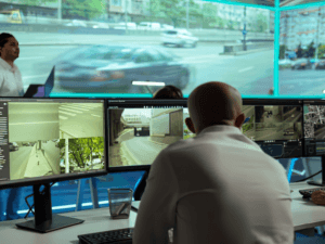 People in a control room monitor multiple surveillance screens showing various city locations and traffic footage, ensuring seamless surveillance services around the clock.